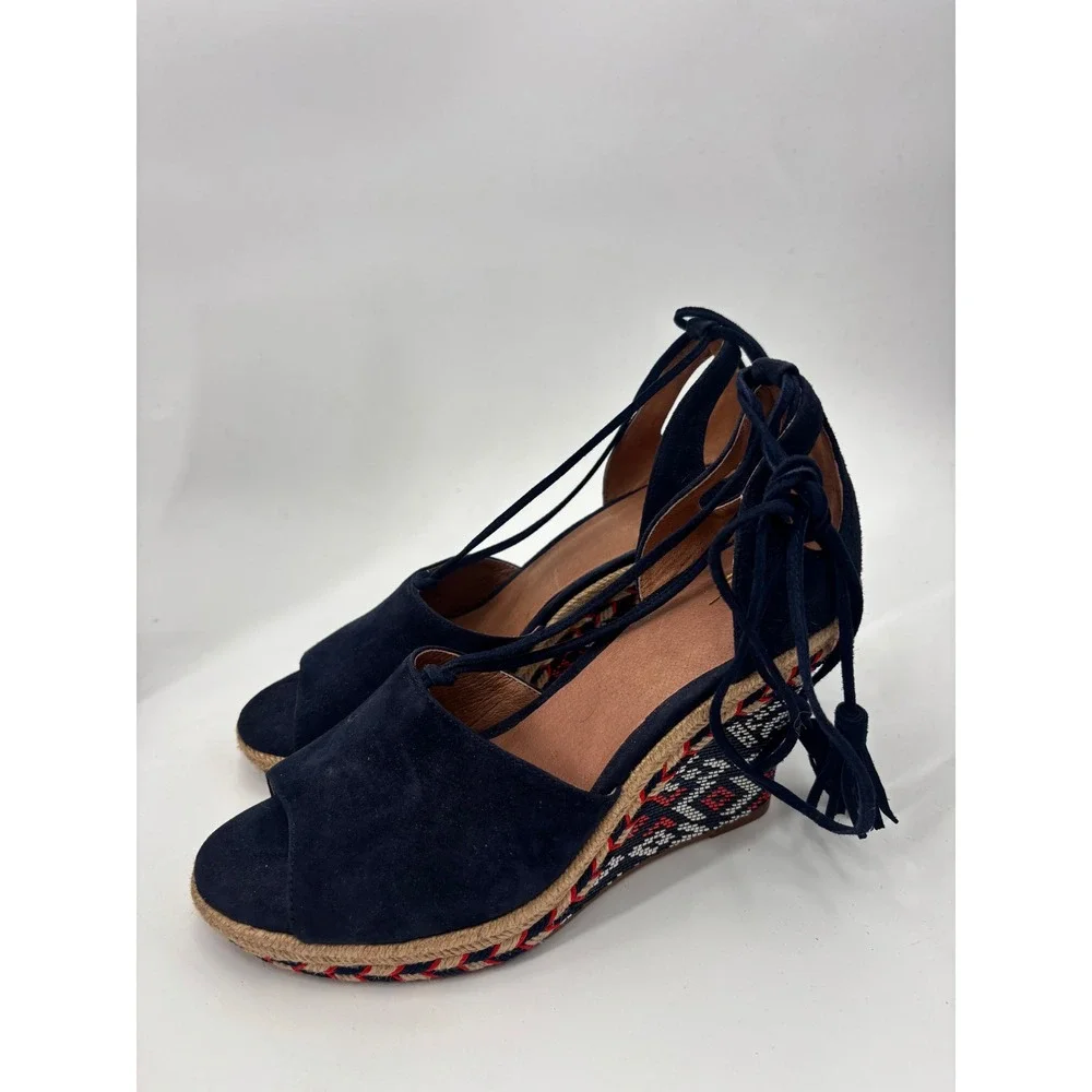 Cabi Espadrille Wedge Sandals Womens 7.5M Navy Blue Suede Lace Up Boho 5310